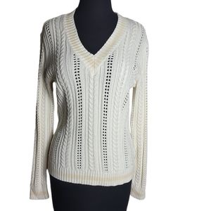 Lauren Ralph Lauren v neck cable knit eyelet cream tan sweater size medium